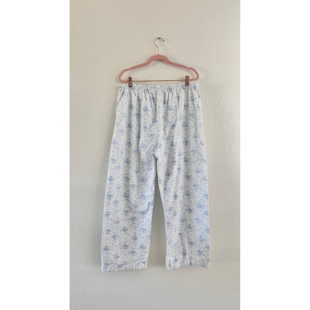 Vintage Pajama Pants Womens L White Blue Floral Flannel Cotton Ruffle Straight